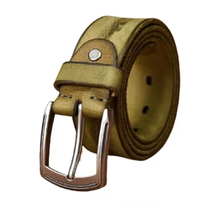 Olive green distressed leather belt with silver alloy pin buckle - side close-up detail view