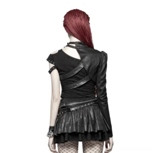Black gothic one-shoulder faux leather jacket with crisscross back straps - back full-body view on model