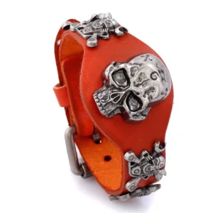 Warm orange-brown leather skull bracelet with central skull and crossbone silver ornaments, unisex gothic accessory