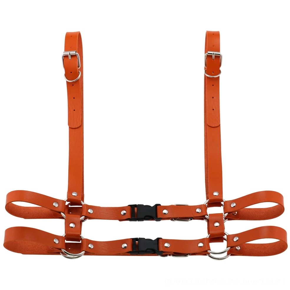 Orange leather body harness flat lay front view displaying the premium material quality and metal components
