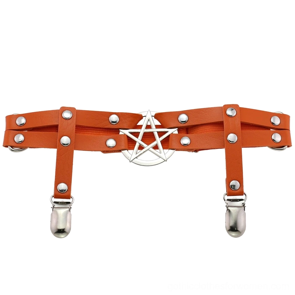Orange pentagram PU leather leg garter belt flat lay shot, displaying striking silver pentagram emblem with metal studs and clip fasteners