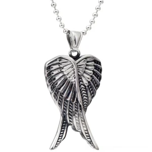 Overlapping Angel Wings Gothic Pendant Necklace - Antique Silver Stainless Steel with Carved Feather Details, Front Overhead View