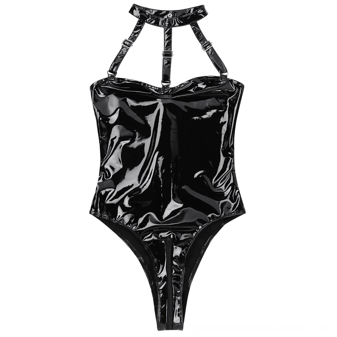 Black patent leather bodysuit flat lay front - heart neckline halter strap glossy leather