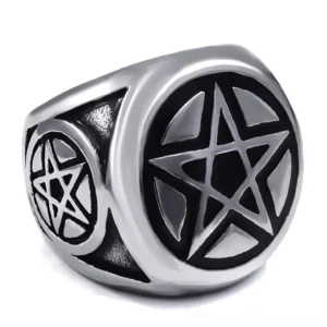 Black pentagram biker ring front view with dual star engravings on silver-black two-tone metal finish