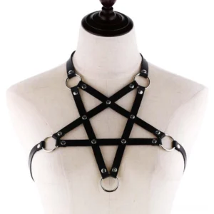 Black pentagram PU leather body harness with silver metal rings worn on dress form, front view