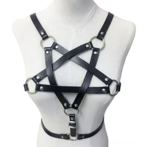 Black pentagram chest harness top portion with silver metal rings - detailed front view of gothic harness design