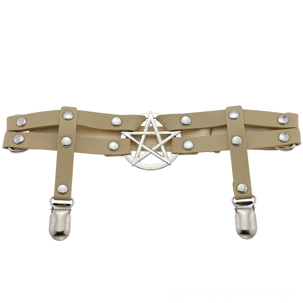 Pentagram PU leather leg garter belt collection showcase displaying multiple color variants including black, navy, purple, and red on studio background