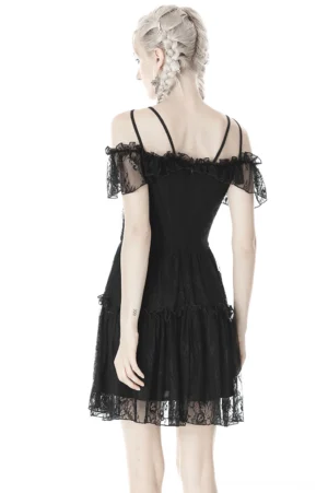 Black off-shoulder gothic lace mini dress back view showing thin straps and tiered lace hem