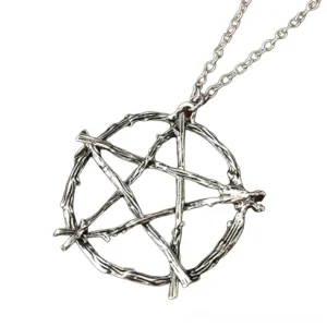 Gothic pentagram amulet necklace side angle view displaying chain attachment and aged metal texture
