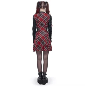 Black and red tartan gothic dress back view - female model wearing platform boots and sheer tights