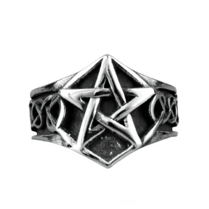 Stainless steel pentagram ring front close-up view, showing detailed vintage silver-black finish and five-pointed star design with Celtic knotwork trim