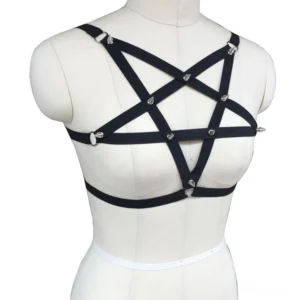 Women's pentagram body harness - three-quarter angle showing adjustable shoulder straps