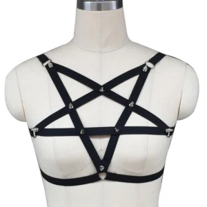 Black pentagram chest harness with silver studs - front view showing geometric strap design