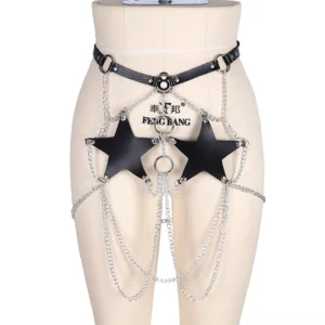 Gothic pentagram body harness on mannequin - front view showing waist belt and thigh chain attachment