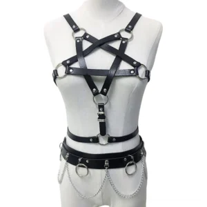 Black pentagram chest harness set with silver hardware displayed on mannequin - full front view showing complete gothic body harness