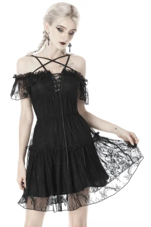 Black pentagram off-shoulder lace dress front three-quarter view on goth model with ruffled sleeves