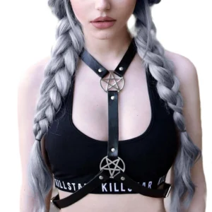 Black pentagram leather chest harness front view with silver pentagram detail on model