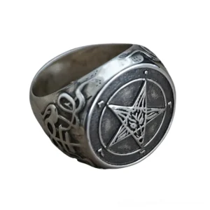 Occult signet ring inner seal view showing engraved pentagram symbols on stainless steel band