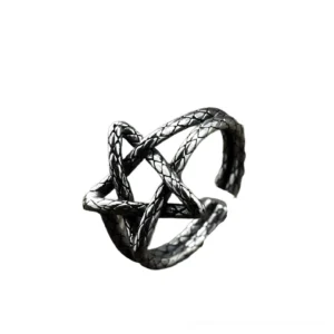 Dark oxidized sterling silver pentagram ring showing side profile of hollow star geometric design