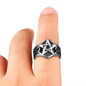 Men's stainless steel pentagram ring worn on hand, displaying comfortable fit and vintage worn texture on male fingers