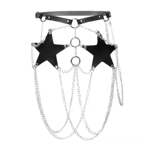 Pentagram star chain harness flat lay - black PU leather with dual pentagram stars and silver metal chains