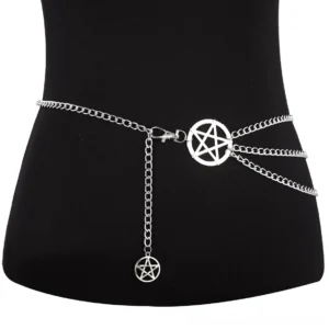 Silver pentagram waist chain belt with decorative drop pendant, front view on black mannequin torso