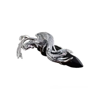 Gothic phoenix stone pendant side profile showing 3D vintage silver sculpture with polished black crystal obsidian
