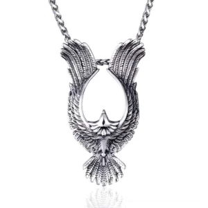 316L stainless steel silver phoenix pendant necklace front flat view with intricate hollow bird design