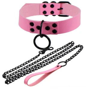 Pink goth choker necklace with matching leather leash and metal hardware, studio photography