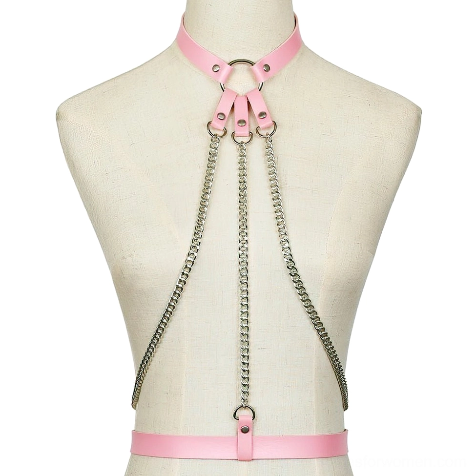 Pink leather body harness back view showing chain structure and strap design