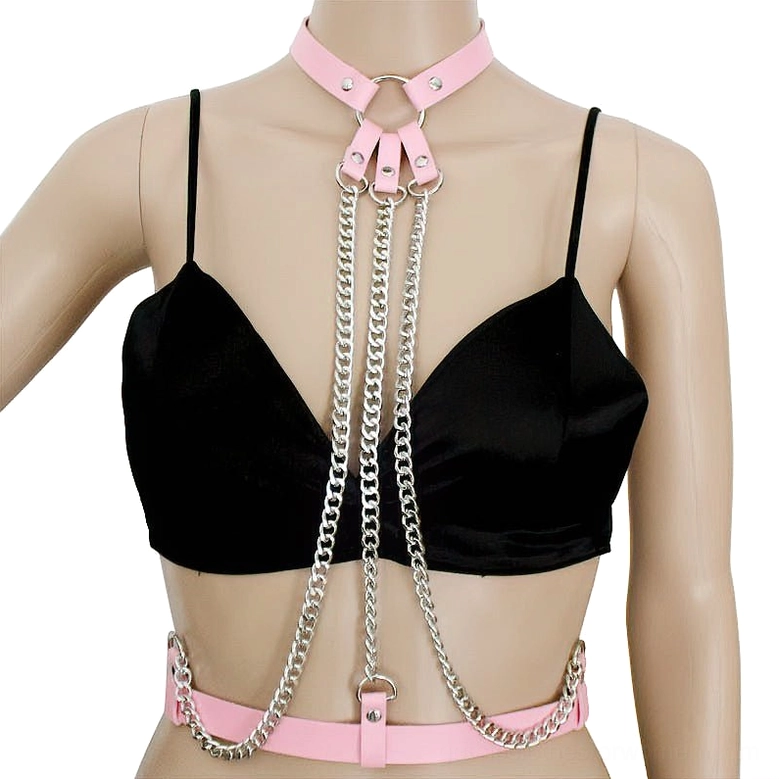 Soft pink leather body harness with metal chains and adjustable O-ring choker