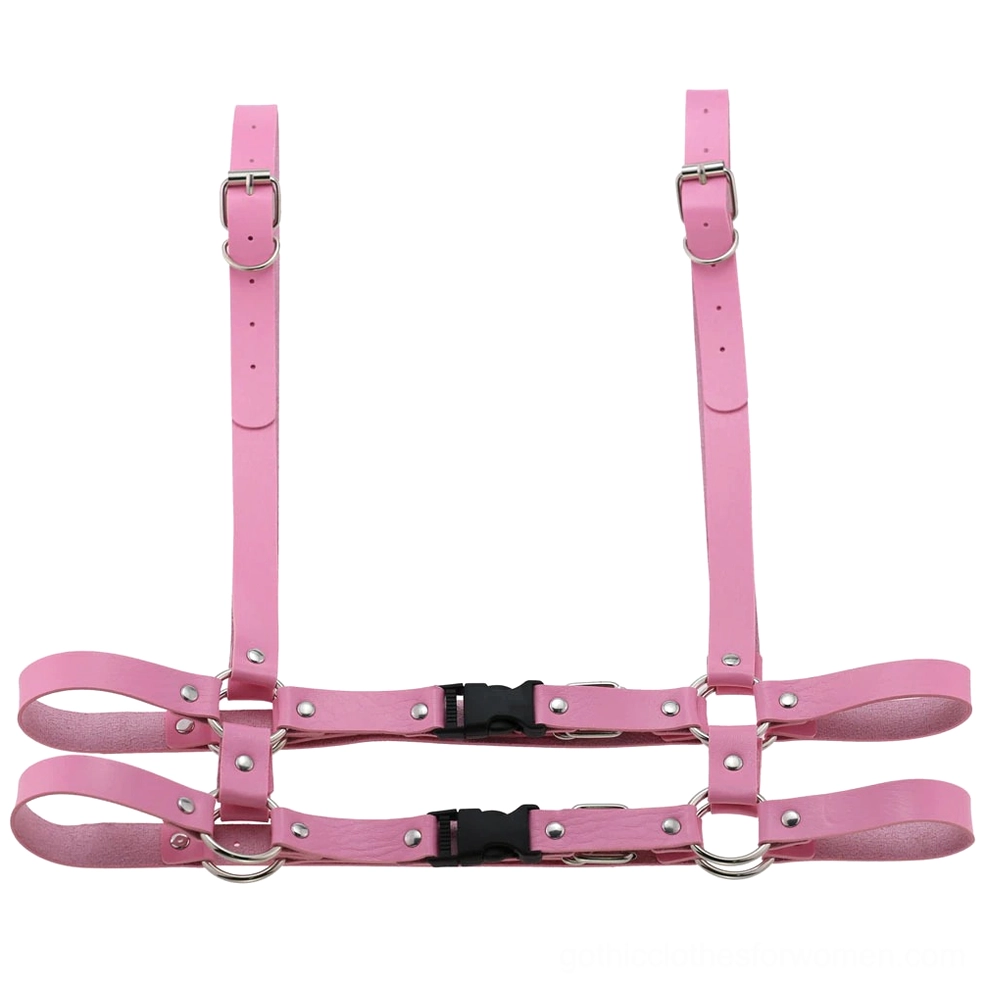 Pink leather body harness front flat lay view with dual waist straps and silver buckle details for gothic styling