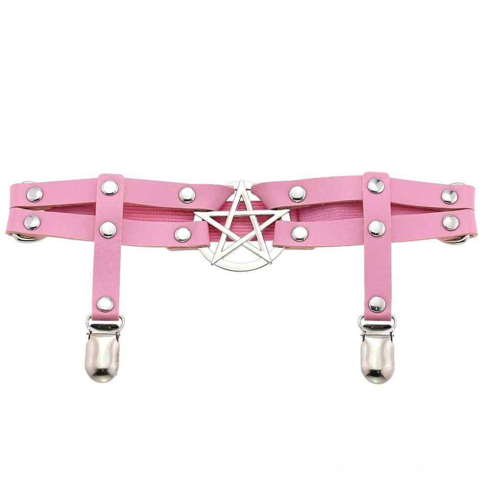 Pink pentagram PU leather leg garter belt flat lay product photography, showing delicate silver pentagram charm and adjustable metal clip design