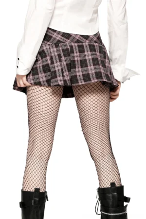 Rear view of pink plaid gothic pleated mini skirt showing full back pleated design and studded belt hardware from behind