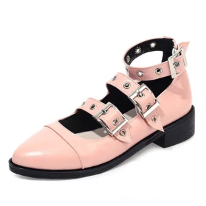 Pink pointed buckle strap pumps with adjustable ankle straps and metallic silver buckles, studio photography showcasing pointed toe design