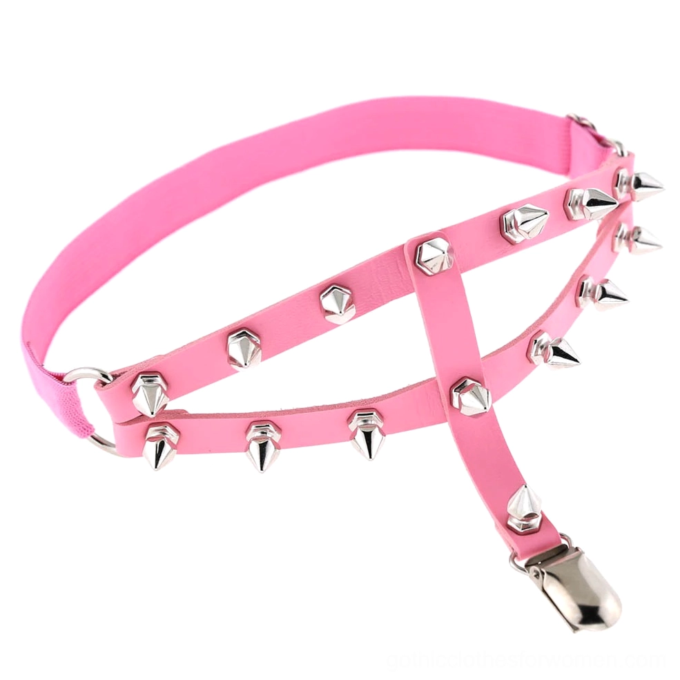 Hot pink spiked thigh garter with silver hardware and stocking clip attachment