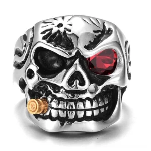 Red crystal eye pirate skull biker ring - front view showing antique silver stainless steel band with bullet detail