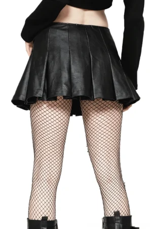 Pleated faux leather gothic mini skirt back view on model, showing precise pleat structure and silhouette