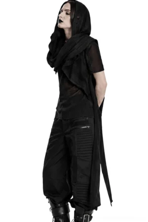 Post-apocalyptic black hooded cape vest side profile on male model, asymmetrical long drapes and gothic styling details