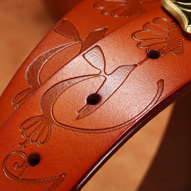 Premium genuine leather gothic belt with ornate geometric buckle, showing texture and embossed details of authentic vintage leather construction