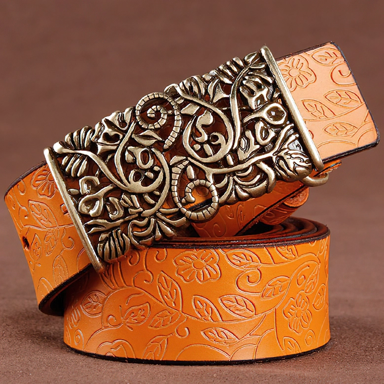 Premium genuine leather gothic belt featuring intricate hollow flower buckle in antique bronze finish