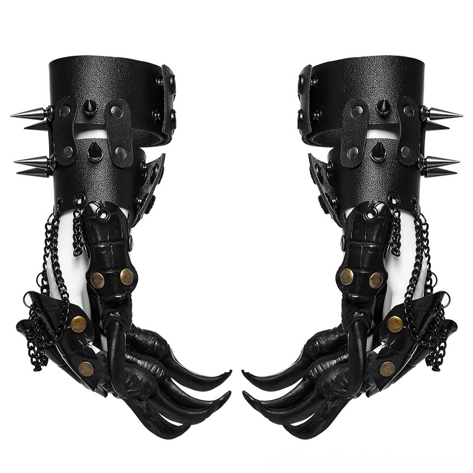 Black punk spiked claw gloves flat lay showing adjustable wrist strap and claw finger armor design