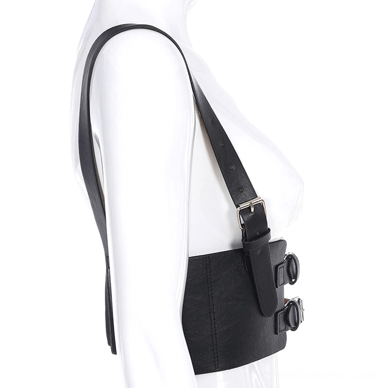 Punk corset belt side view on mannequin - side buckle closures and slim shoulder straps