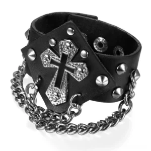 Gothic punk bracelet side view displaying metal cone studs, silver curb chain links, and cross ornament detail on black PU leather