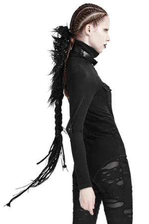 Alternative black mohawk hair extension with faux fur tail and braided accent, right side profile on goth model