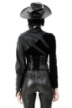 Back view of asymmetric leather cape showing lace-up corset back design and single dramatic puff sleeve, gothic fashion