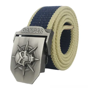 Navy blue beige striped punk canvas belt featuring silver memento mori skull buckle
