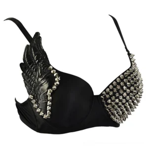 Gothic punk bra with metal studs and wing shoulder decoration, side profile showing construction and detail