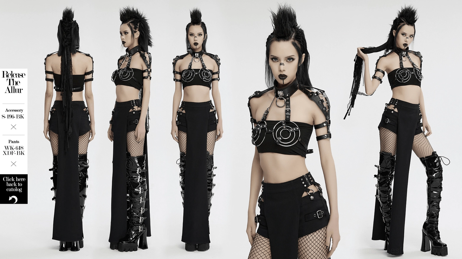 Complete view of punk-style synthetic leather body harness with metal hardware and adjustable fit system