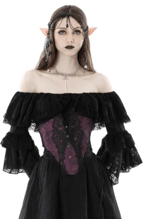 Purple and black lace-up gothic corset belt front full view on model wearing off-shoulder corset dress
